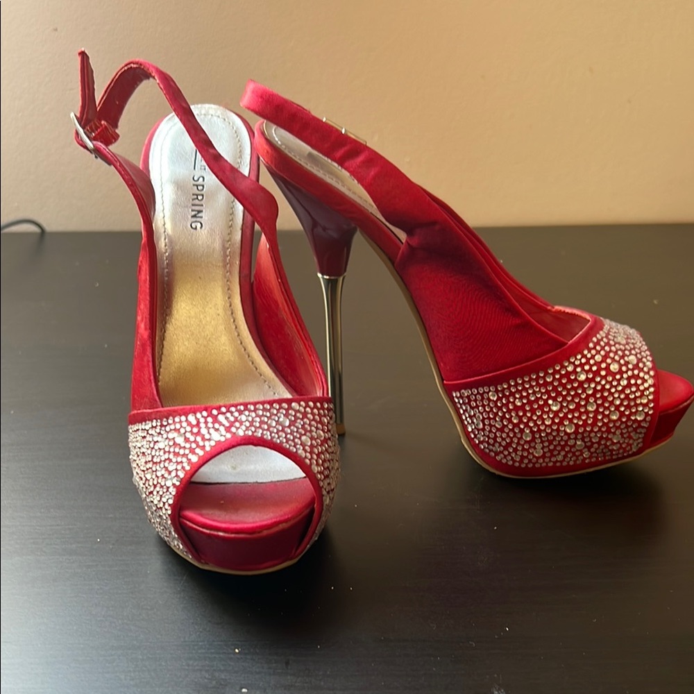 Red Slingback Heels with Rhinestones